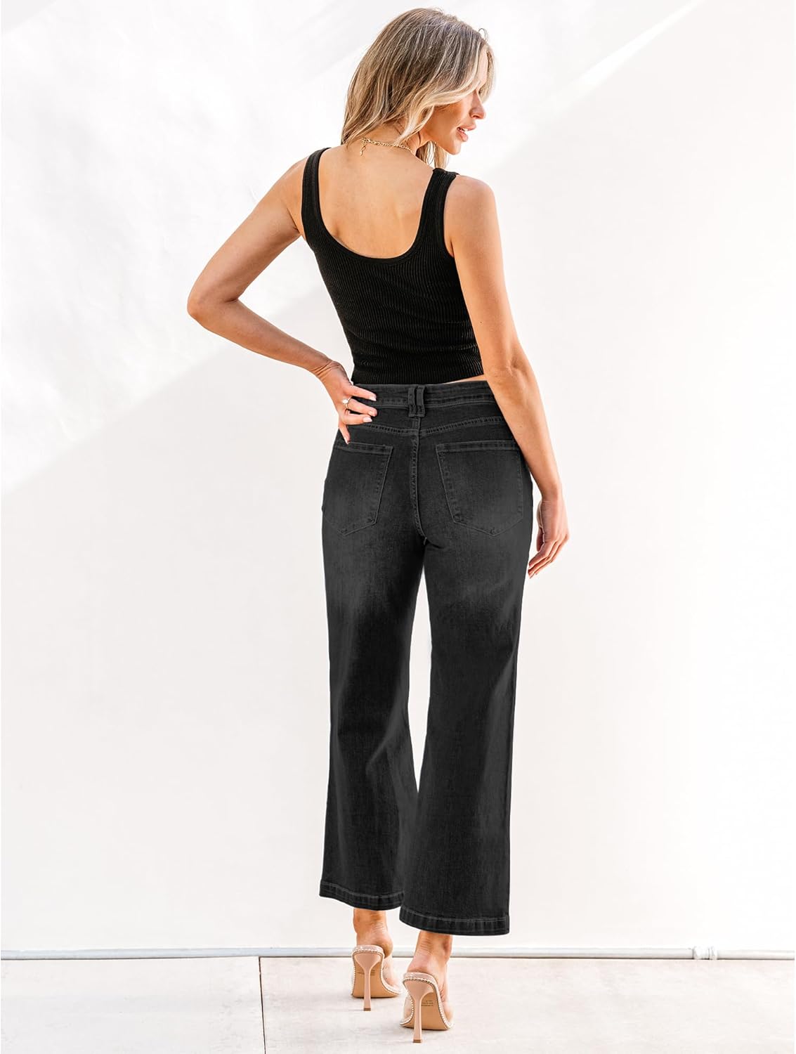 GRAPENT Womens Flare Jeans High Waisted Wide Leg Baggy Jean for Women Stretch Denim PantsPetite Soft Black