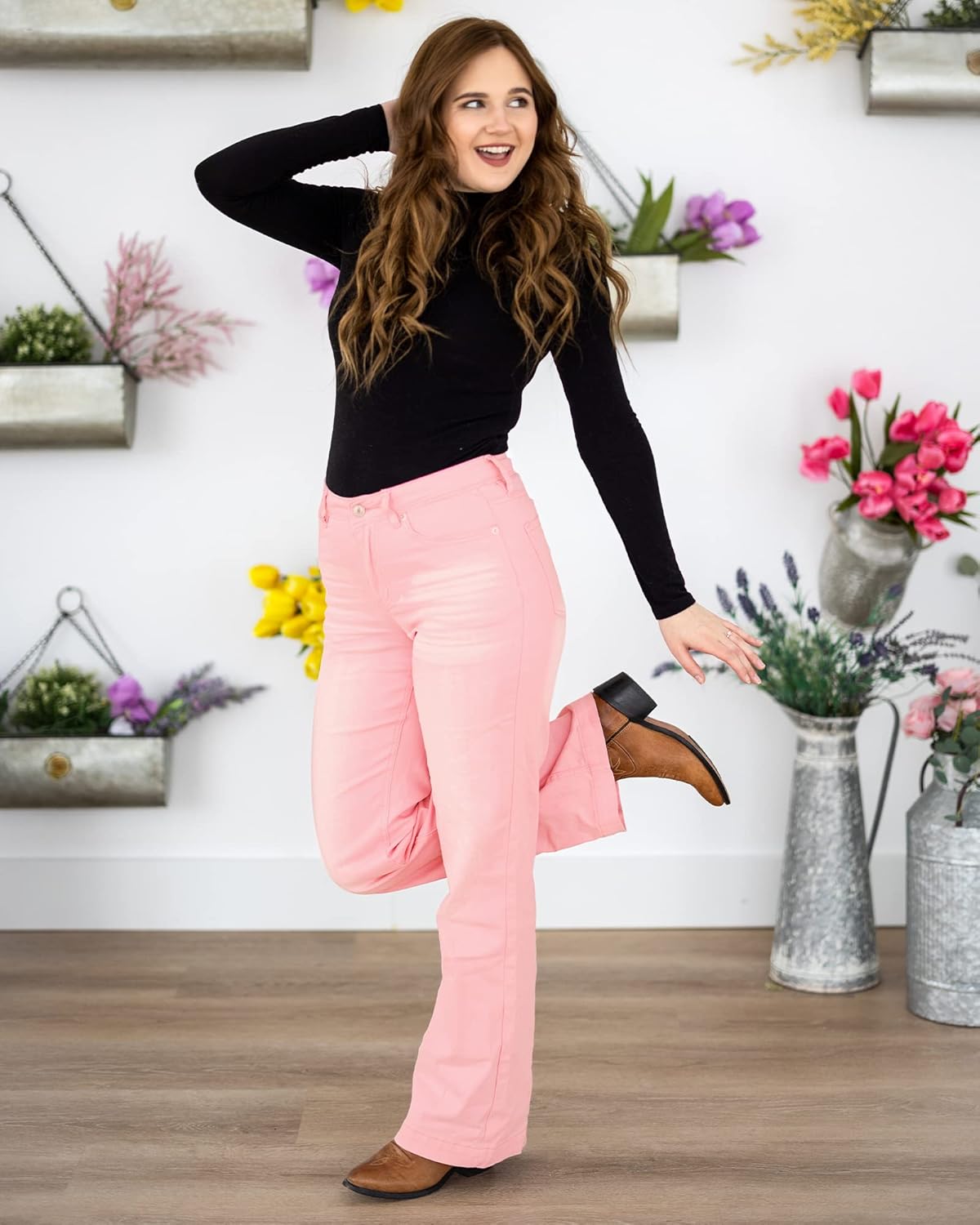 GRAPENT Womens Flare Jeans High Waisted Wide Leg Baggy Jean for Women Stretch Denim PantsRose Shadow