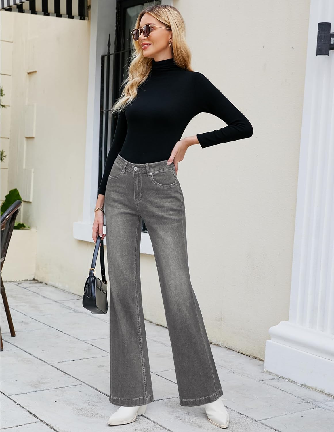 GRAPENT Womens Flare Jeans High Waisted Wide Leg Baggy Jean for Women Stretch Denim PantsSmoked Gray