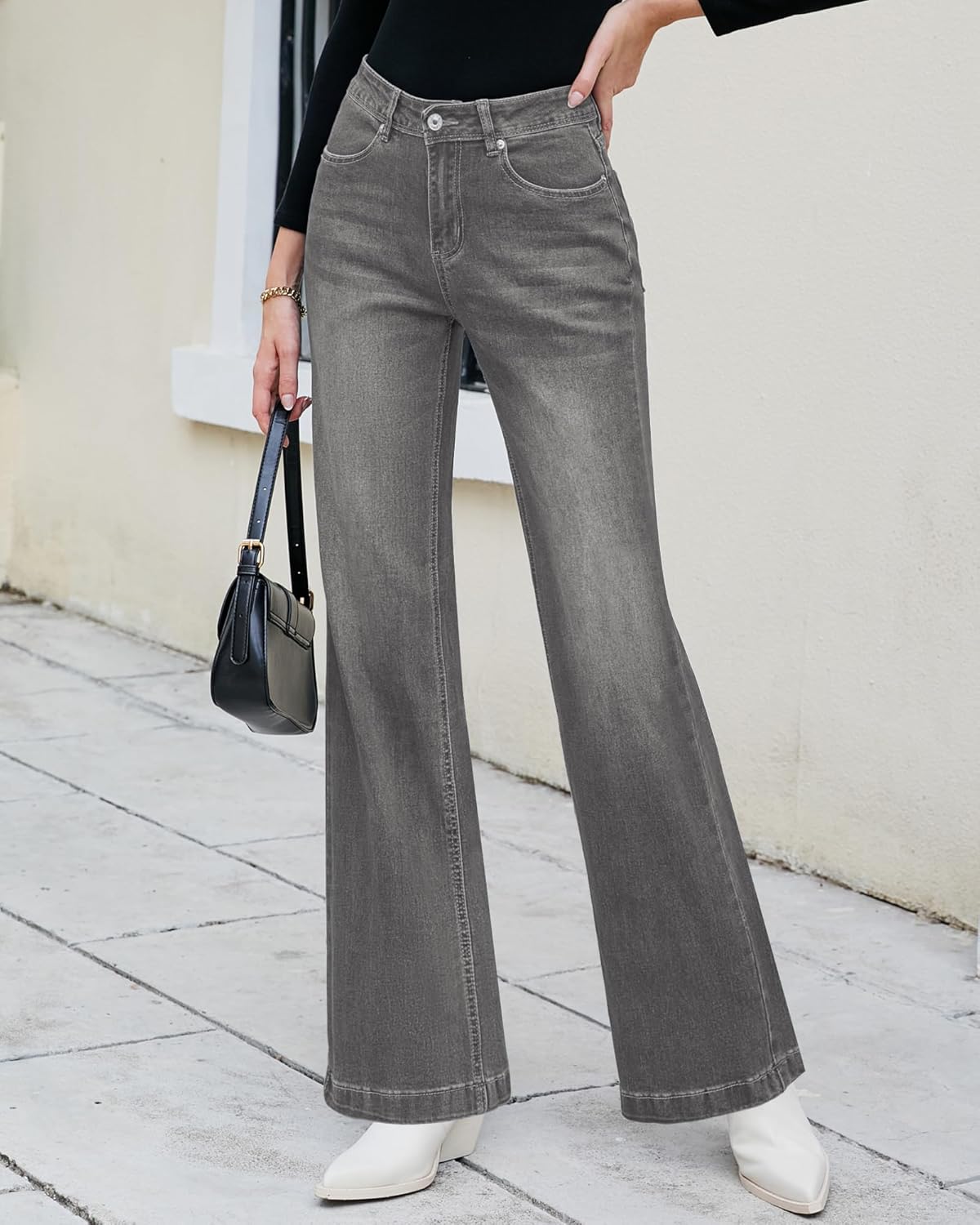 GRAPENT Womens Flare Jeans High Waisted Wide Leg Baggy Jean for Women Stretch Denim PantsSmoked Gray
