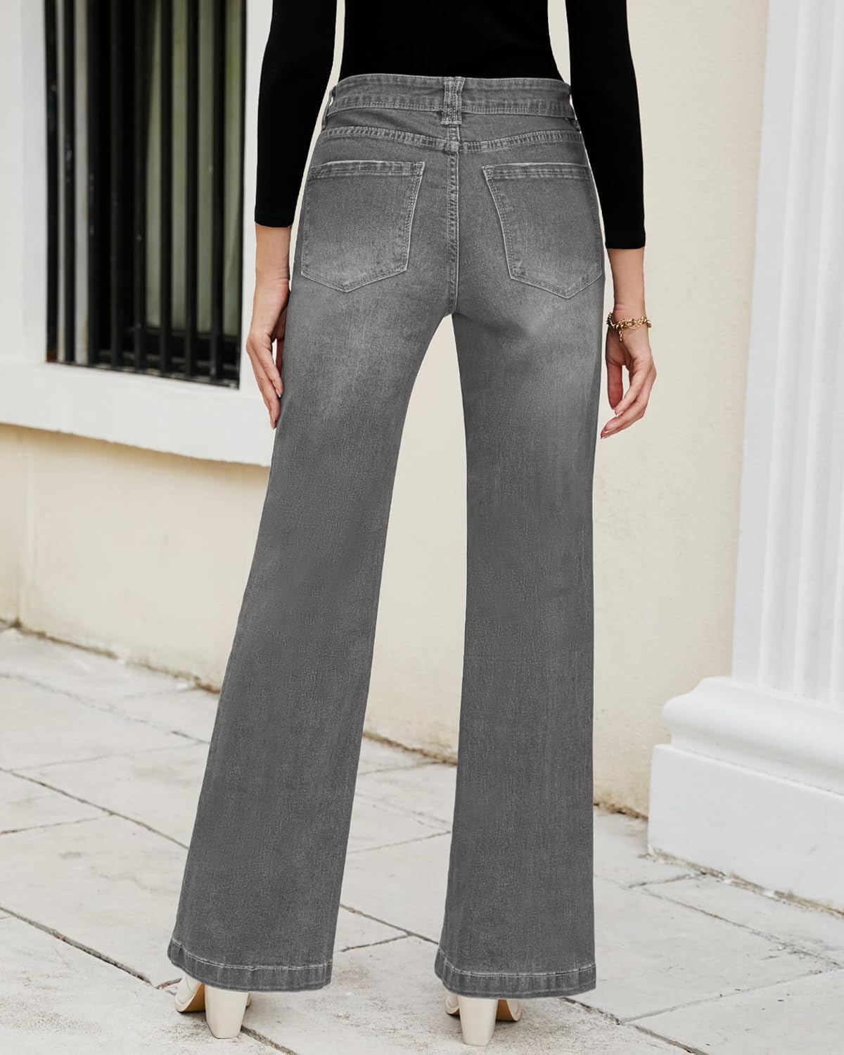 GRAPENT Womens Flare Jeans High Waisted Wide Leg Baggy Jean for Women Stretch Denim PantsSmoked Gray