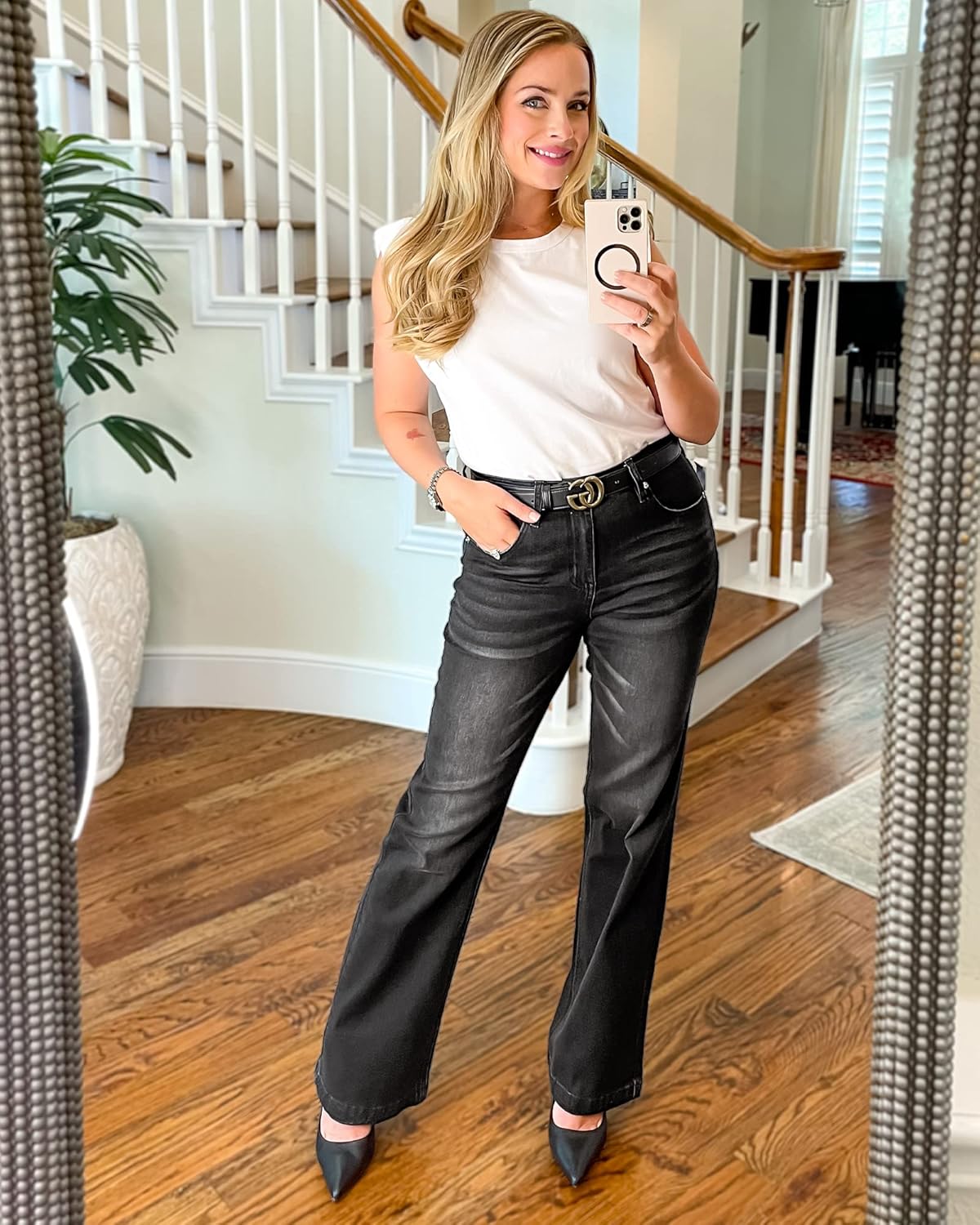 GRAPENT Womens Flare Jeans High Waisted Wide Leg Baggy Jean for Women Stretch Denim PantsSoft Black