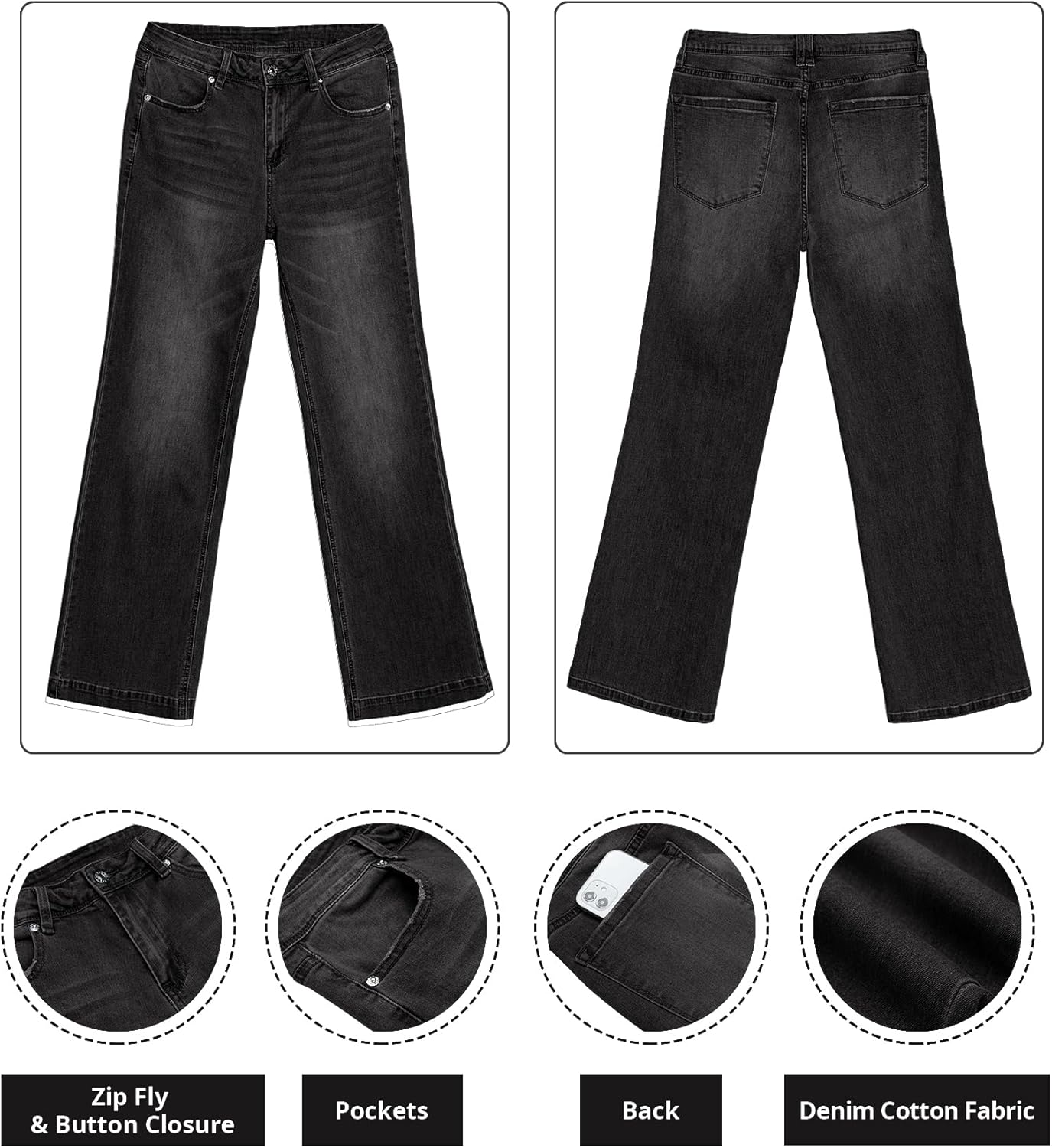 GRAPENT Womens Flare Jeans High Waisted Wide Leg Baggy Jean for Women Stretch Denim PantsSoft Black