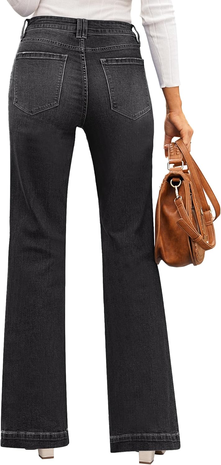 GRAPENT Womens Flare Jeans High Waisted Wide Leg Baggy Jean for Women Stretch Denim PantsSoft Black