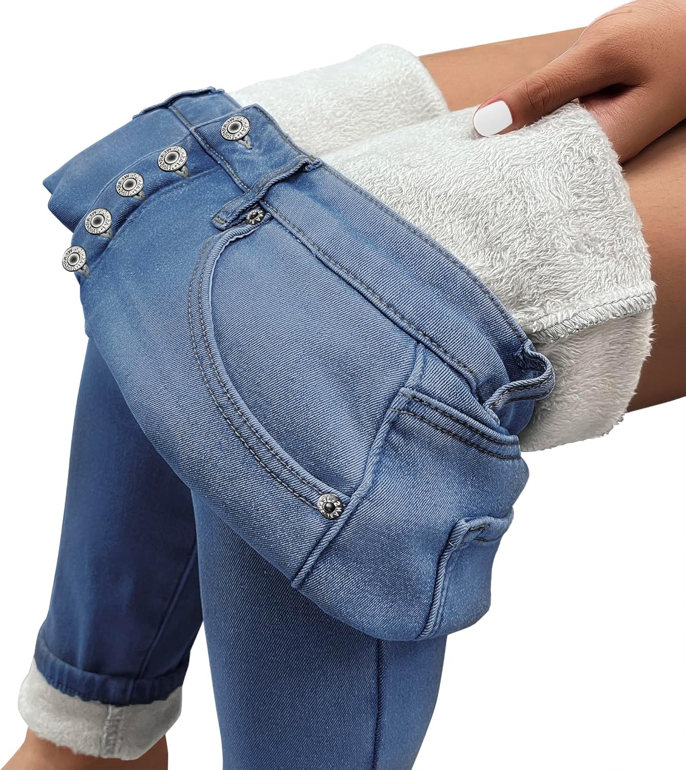 GRAPENT Womens Fleece Lined Jeans Button Fly High Waisted Skinny Jean Stretchy Denim Thermal Pants Warm Winter JeggingsClassic Blue