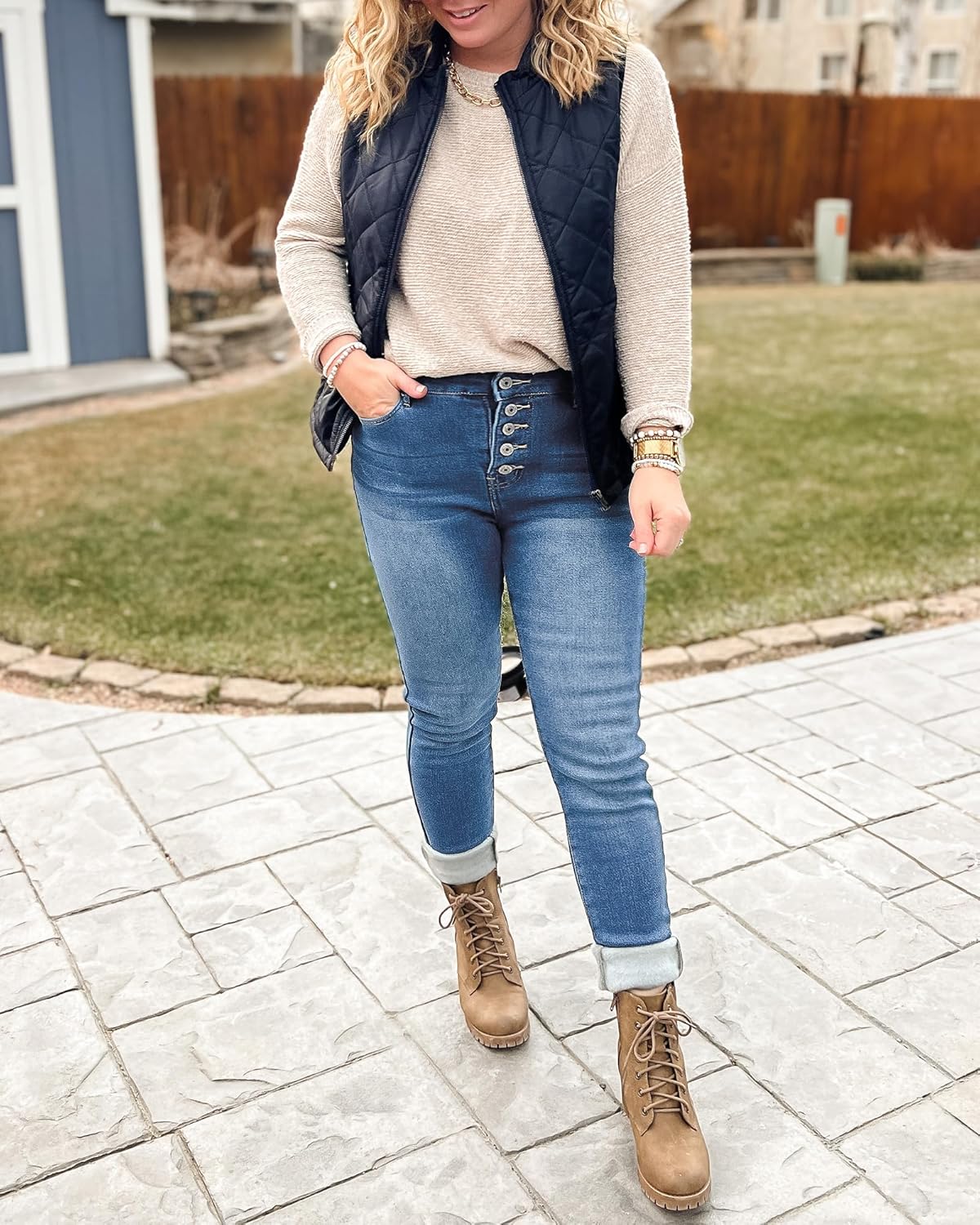 GRAPENT Womens Fleece Lined Jeans Button Fly High Waisted Skinny Jean Stretchy Denim Thermal Pants Warm Winter JeggingsClassic Blue