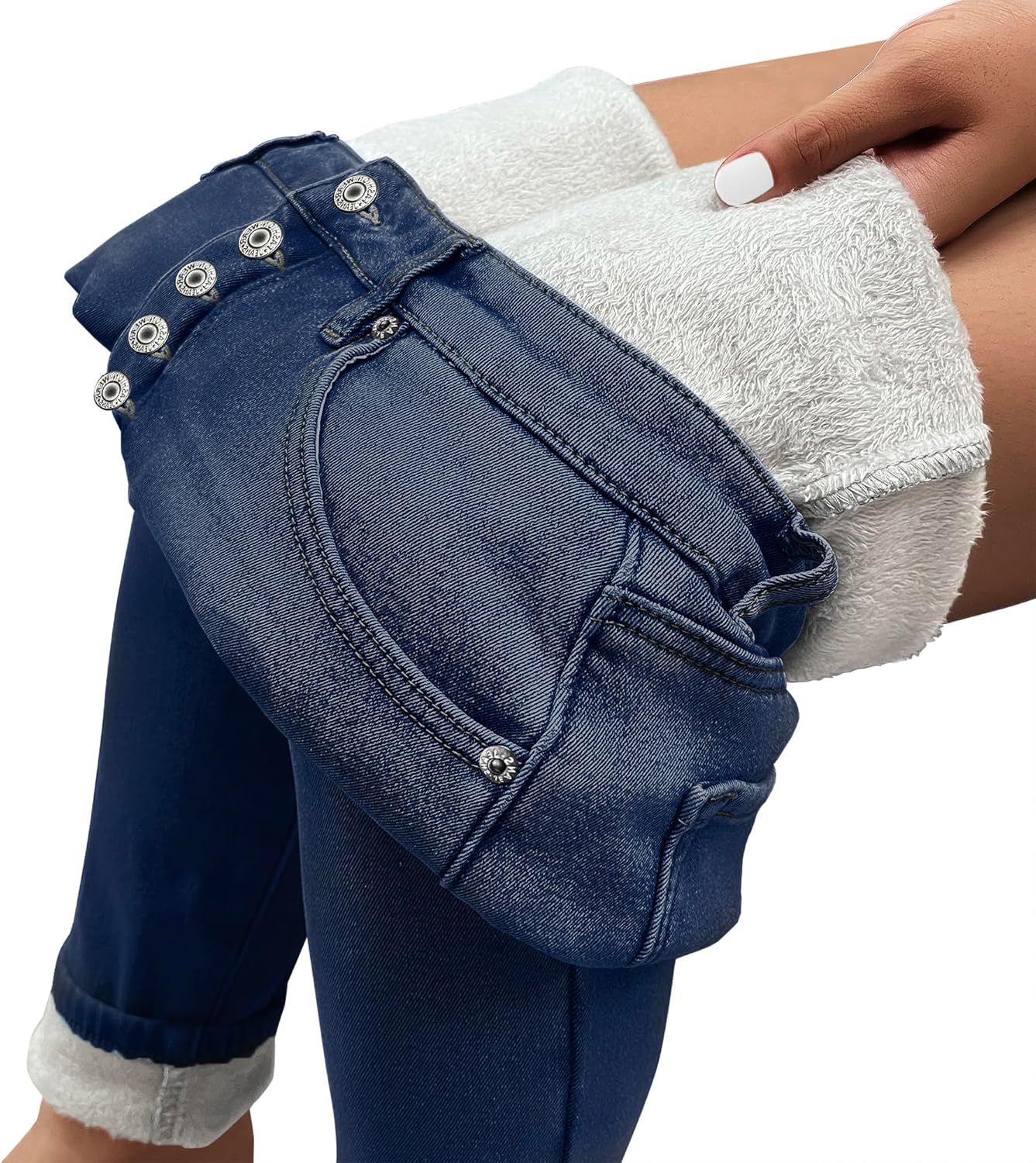 GRAPENT Womens Fleece Lined Jeans Button Fly High Waisted Skinny Jean Stretchy Denim Thermal Pants Warm Winter JeggingsDarkness Blue