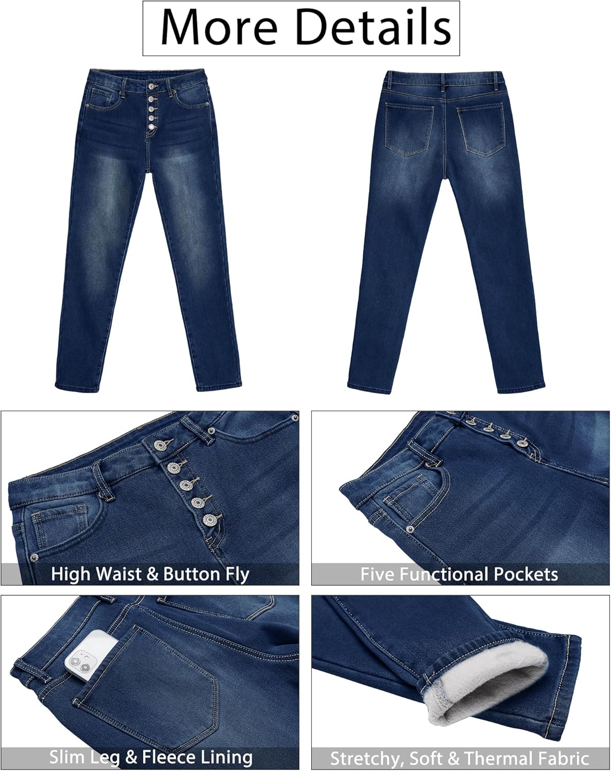 GRAPENT Womens Fleece Lined Jeans Button Fly High Waisted Skinny Jean Stretchy Denim Thermal Pants Warm Winter JeggingsDarkness Blue