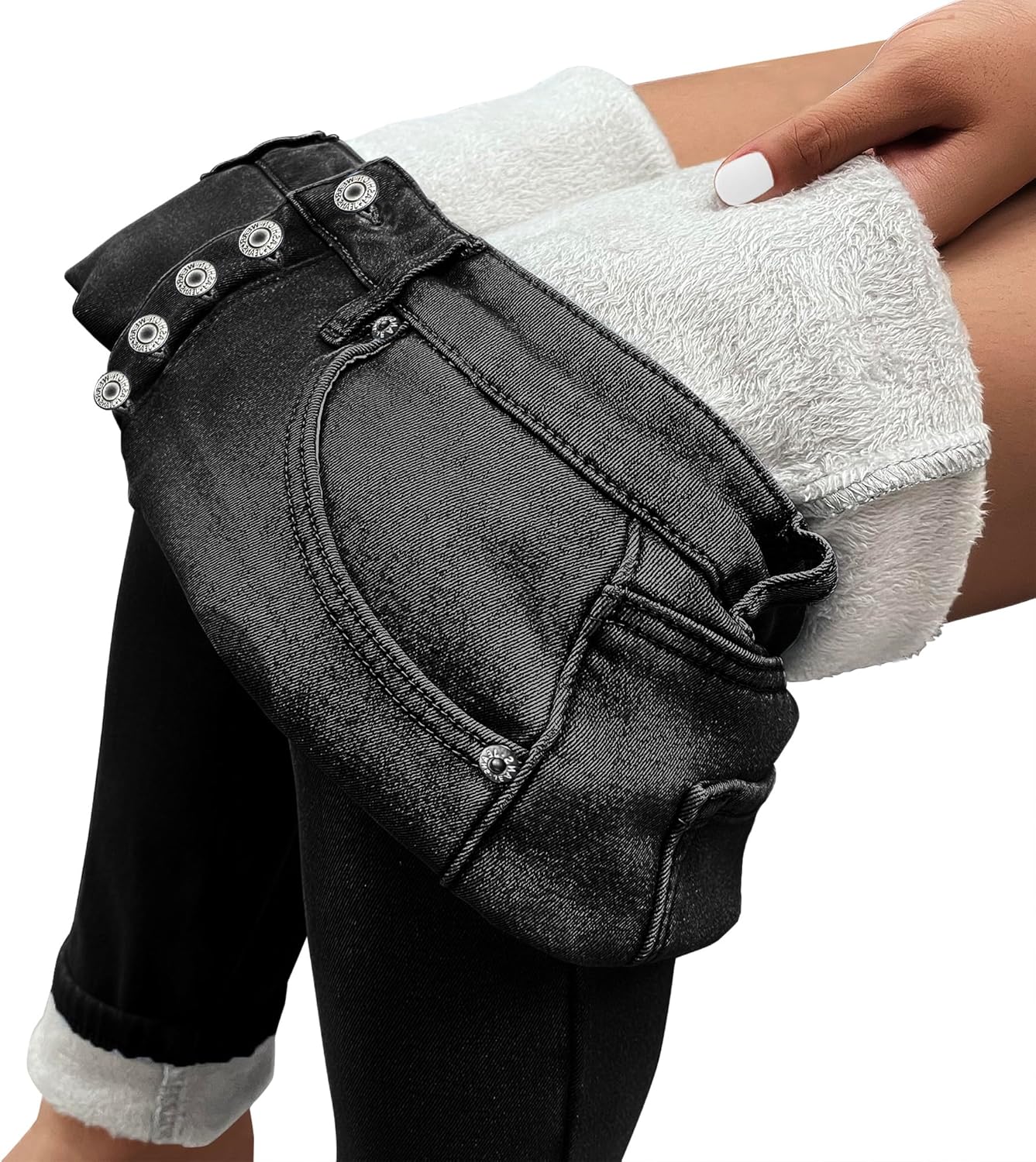 GRAPENT Womens Fleece Lined Jeans Button Fly High Waisted Skinny Jean Stretchy Denim Thermal Pants Warm Winter JeggingsFaded Black