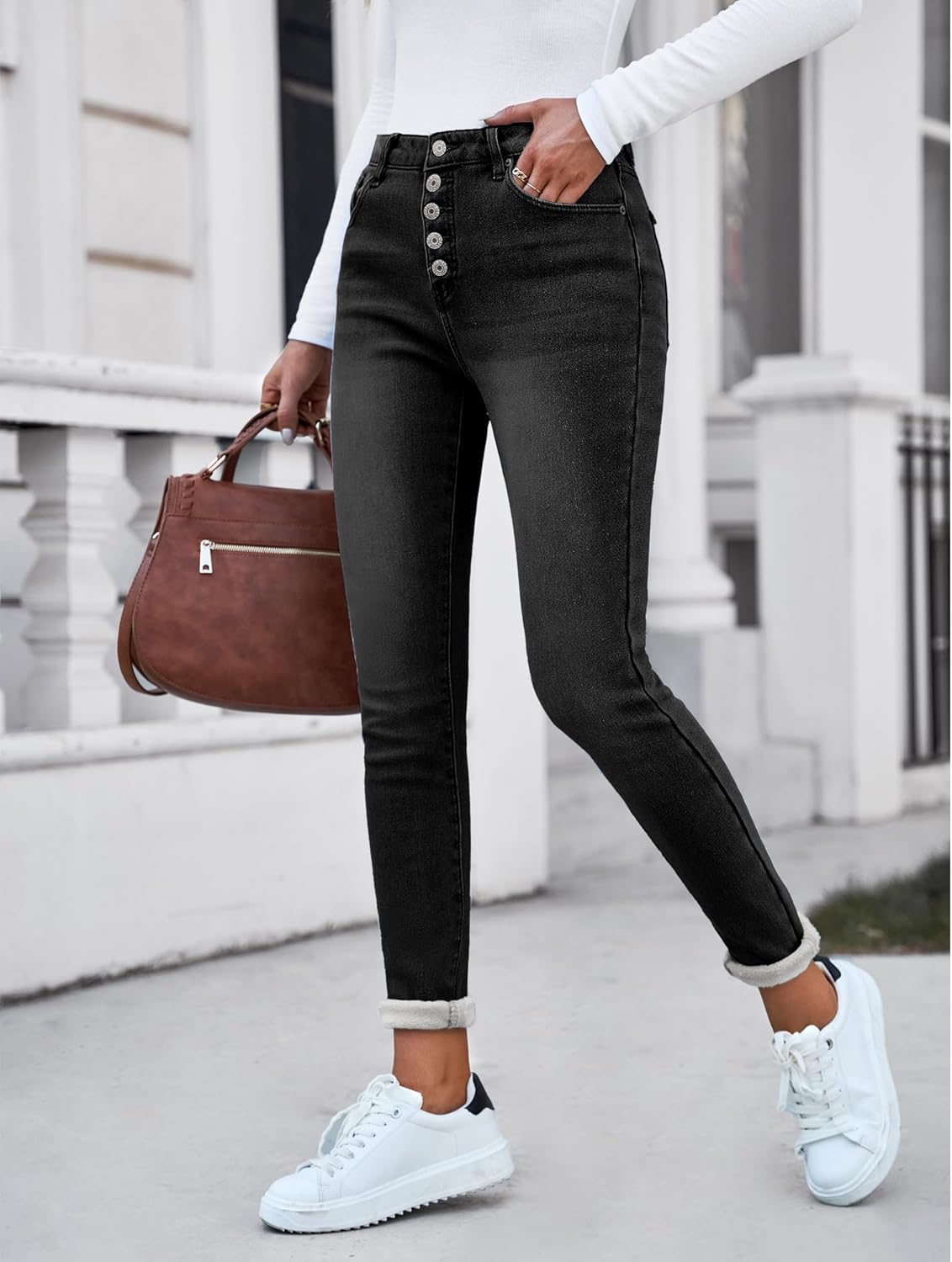 GRAPENT Womens Fleece Lined Jeans Button Fly High Waisted Skinny Jean Stretchy Denim Thermal Pants Warm Winter JeggingsFaded Black