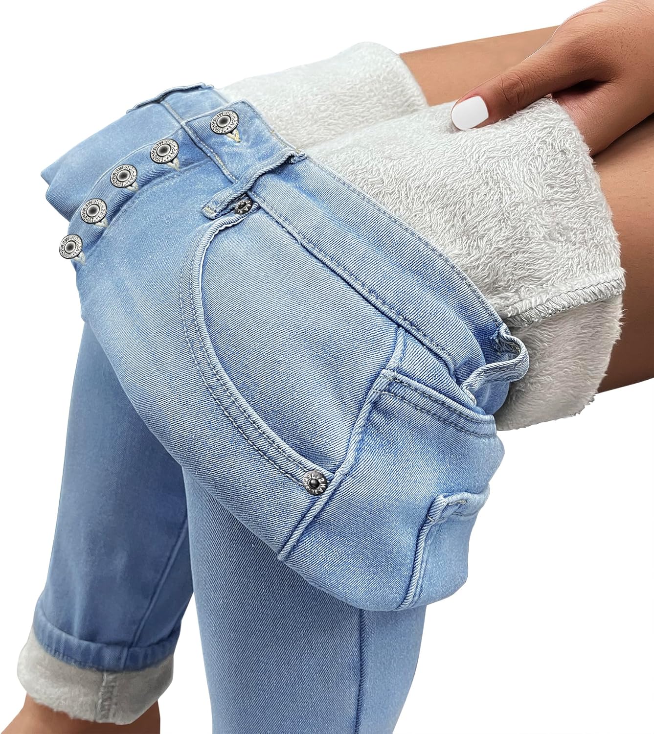 GRAPENT Womens Fleece Lined Jeans Button Fly High Waisted Skinny Jean Stretchy Denim Thermal Pants Warm Winter JeggingsPowder Blue