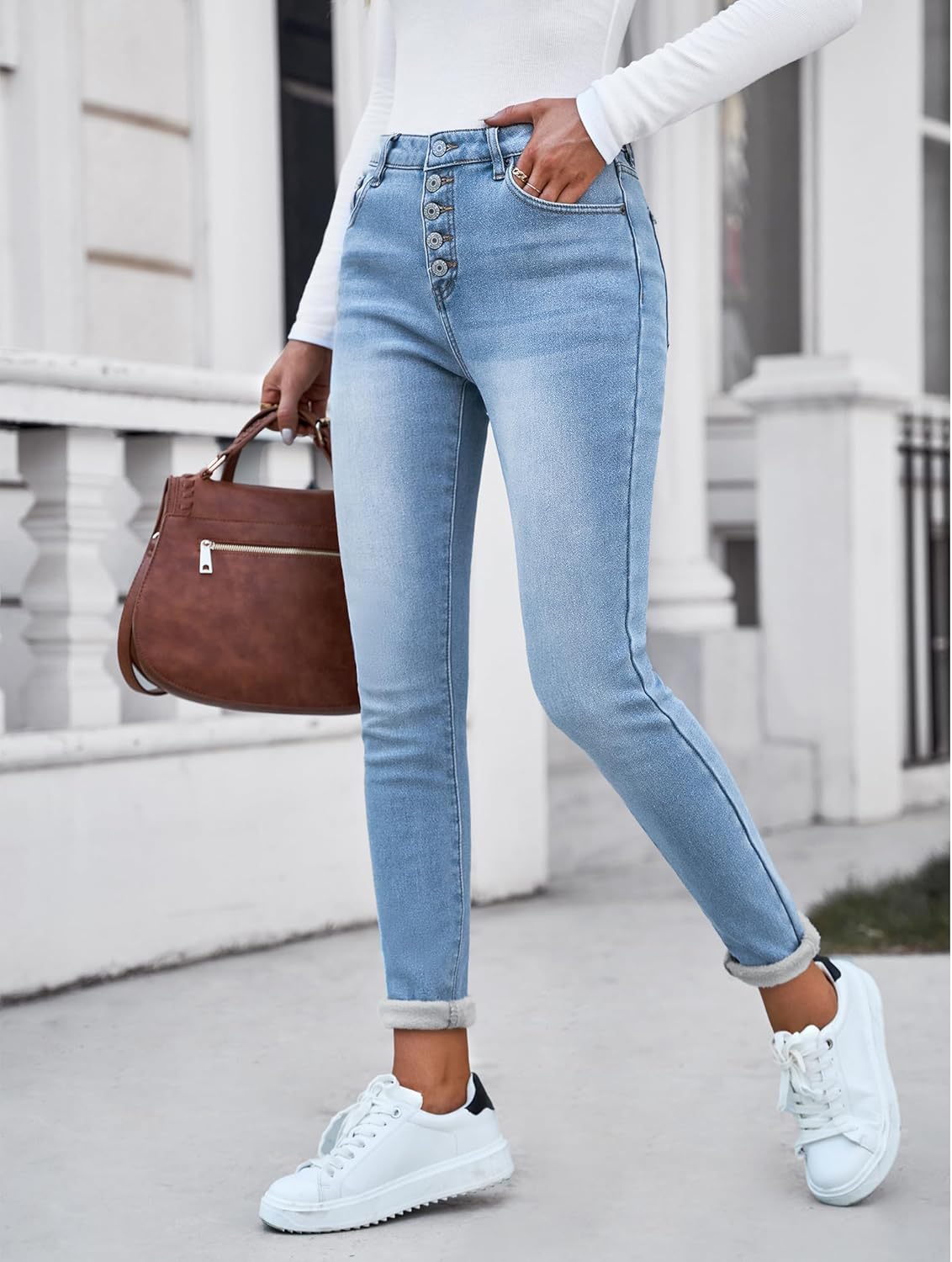 GRAPENT Womens Fleece Lined Jeans Button Fly High Waisted Skinny Jean Stretchy Denim Thermal Pants Warm Winter JeggingsPowder Blue