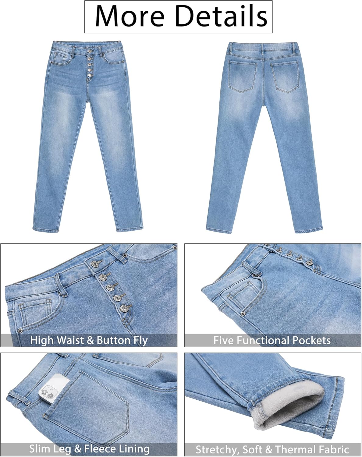 GRAPENT Womens Fleece Lined Jeans Button Fly High Waisted Skinny Jean Stretchy Denim Thermal Pants Warm Winter JeggingsPowder Blue
