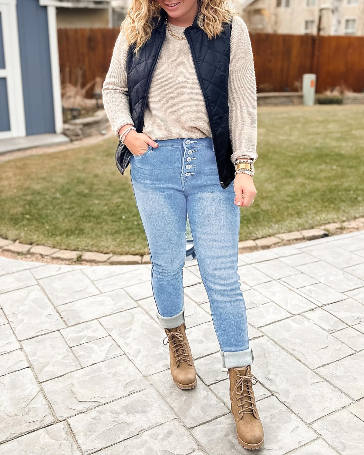 GRAPENT Womens Fleece Lined Jeans Button Fly High Waisted Skinny Jean Stretchy Denim Thermal Pants Warm Winter JeggingsPowder Blue