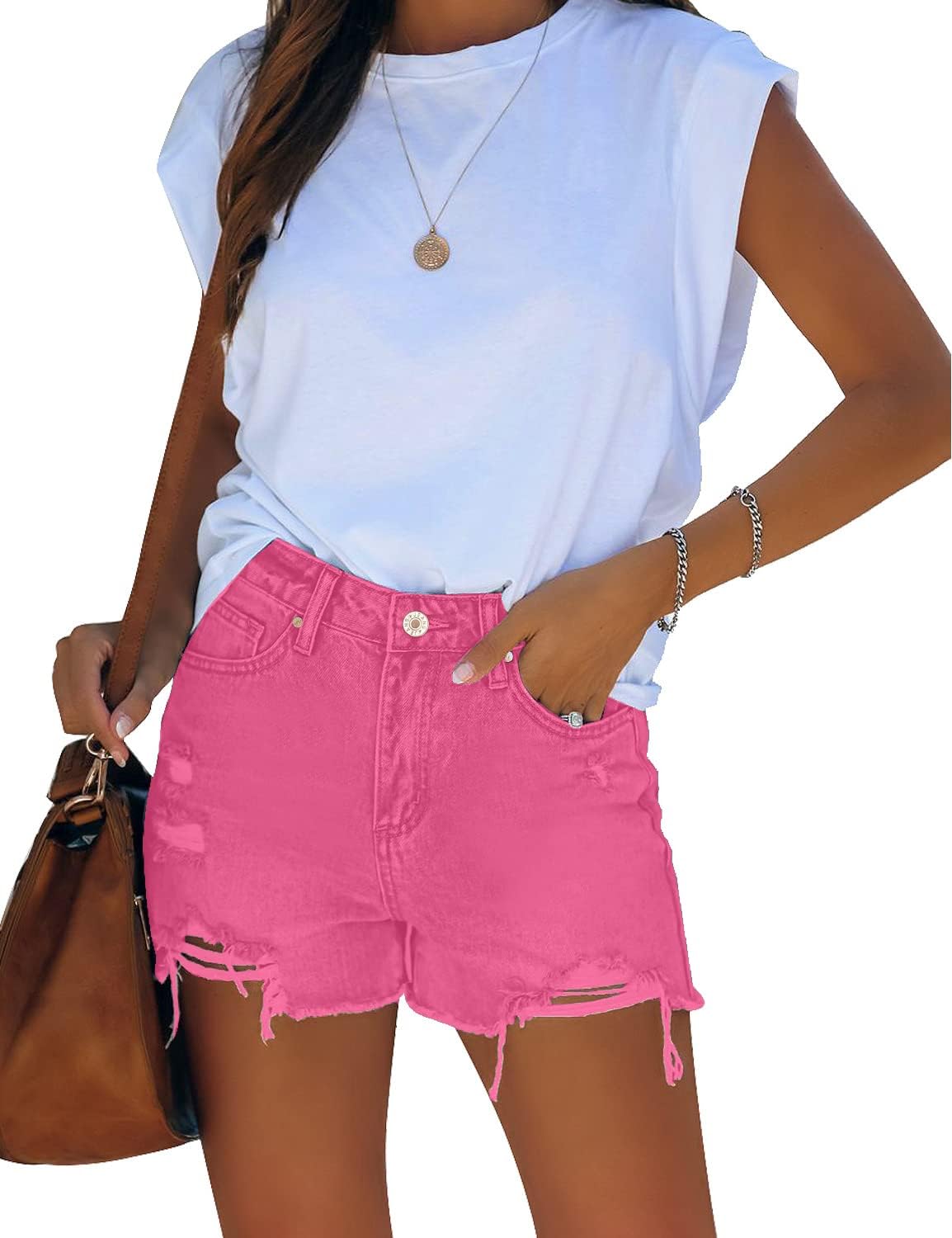 GRAPENT Womens High Waisted Ripped Stretchy Denim Hot Short Summer Jean ShortsA Hot Pink