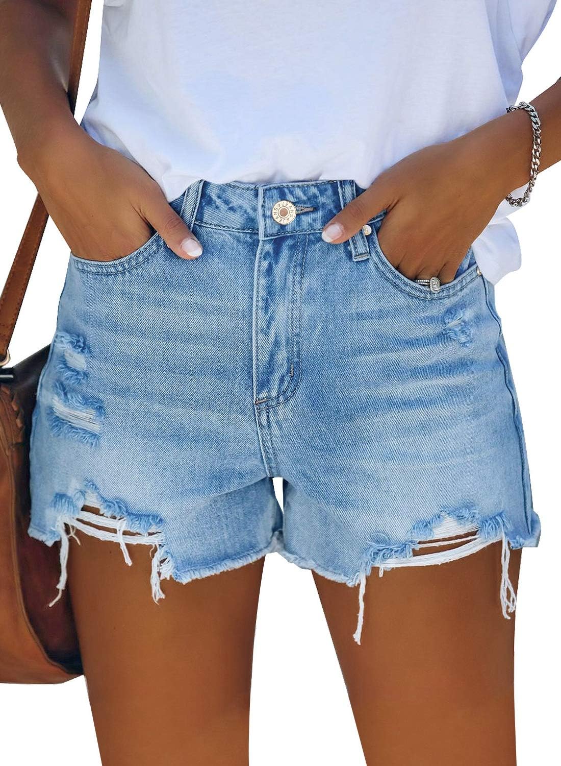 GRAPENT Womens High Waisted Ripped Stretchy Denim Hot Short Summer Jean ShortsA Light Blue