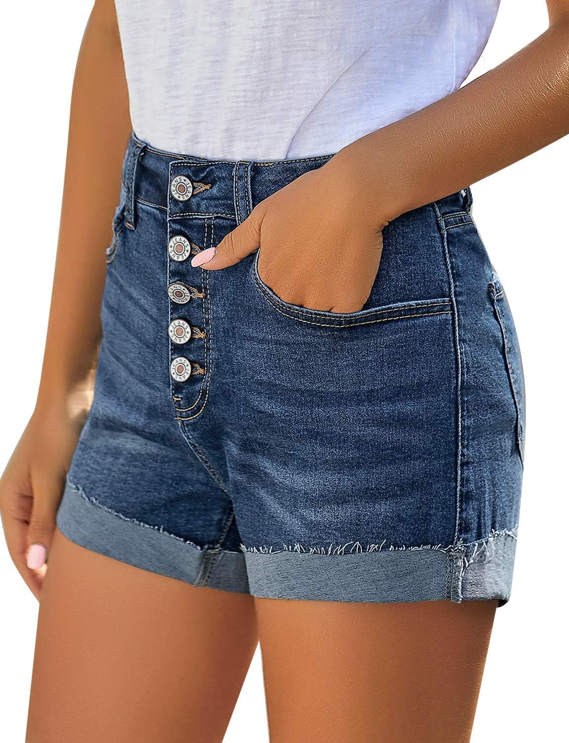 GRAPENT Womens High Waisted Ripped Stretchy Denim Hot Short Summer Jean ShortsButtons Flydark Blue