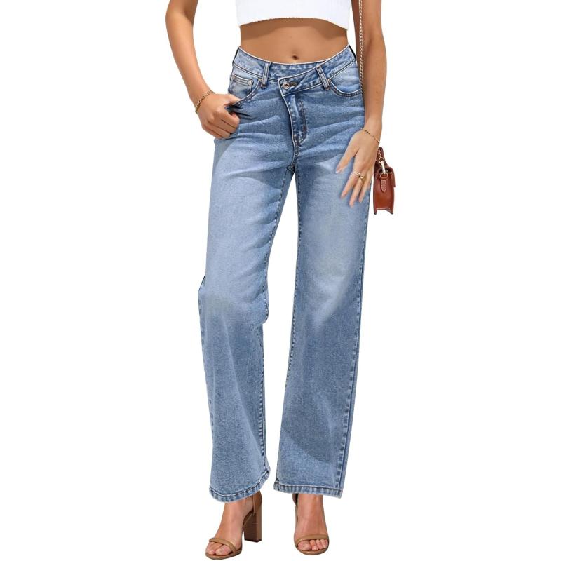 GRAPENT Baggy Jeans for Women High Waisted Straight Leg Crossover Trendy Stretch Denim Pants Slouchy Jeans with PocketsLapis Blue