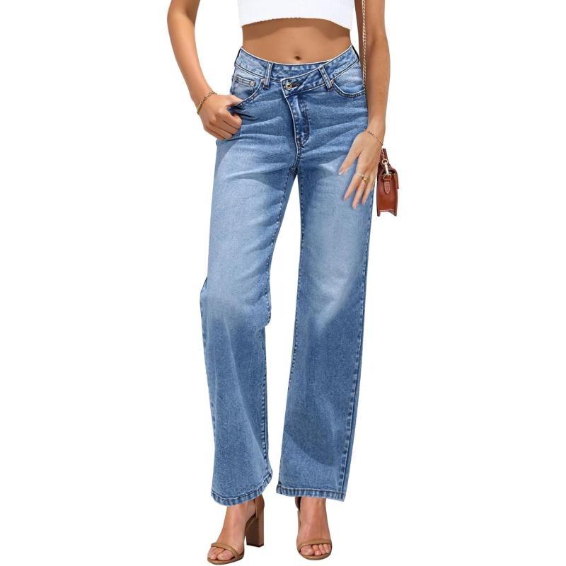 GRAPENT Baggy Jeans for Women High Waisted Straight Leg Crossover Trendy Stretch Denim Pants Slouchy Jeans with PocketsMedium Blue