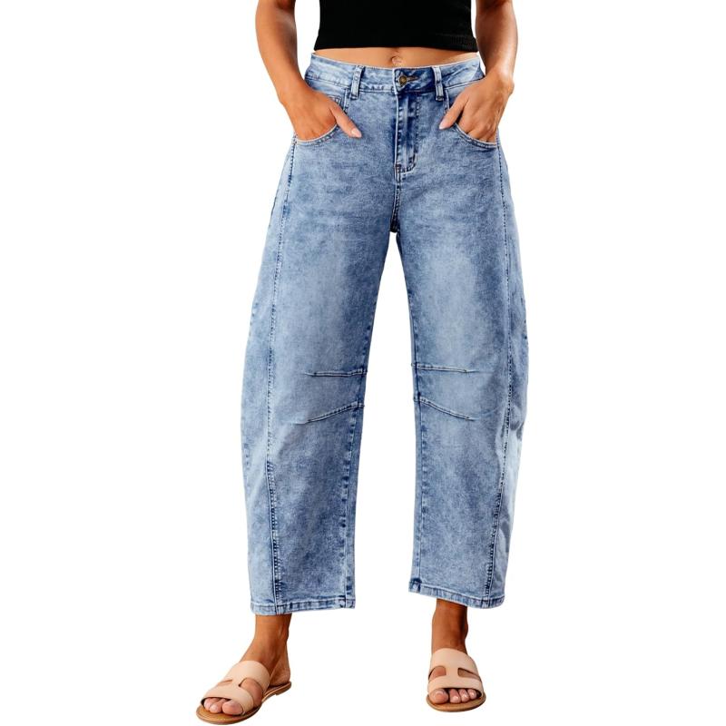 GRAPENT Barrel Jeans for Women Trendy High Waisted Wide Leg Baggy Cropped Relax Fit Stretch Denim Trouser Ankle PantsReef Blue