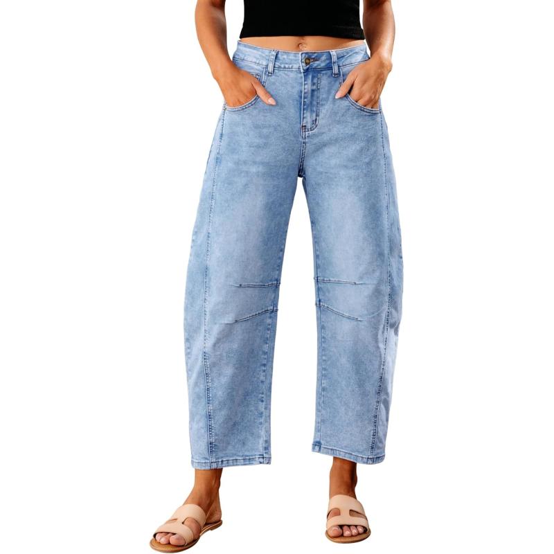 GRAPENT Barrel Jeans for Women Trendy High Waisted Wide Leg Baggy Cropped Relax Fit Stretch Denim Trouser Ankle PantsRoadnight Blue