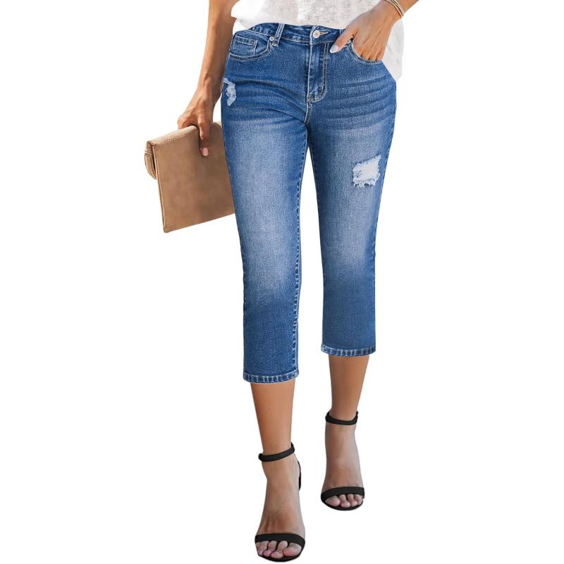GRAPENT Capris Jeans for Women High Waisted Stretchy Ripped Skinny Denim Capri Pants Distressed Cropped Jeggings CasualClassic Blue