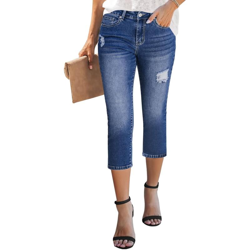 GRAPENT Capris Jeans for Women High Waisted Stretchy Ripped Skinny Denim Capri Pants Distressed Cropped Jeggings CasualDark Blue