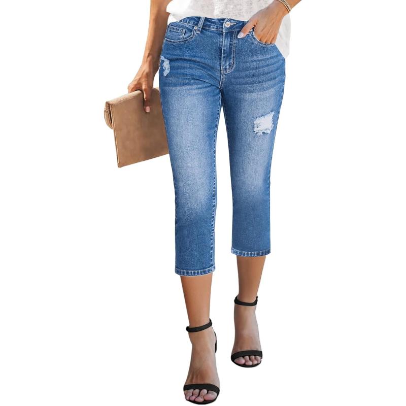 GRAPENT Capris Jeans for Women High Waisted Stretchy Ripped Skinny Denim Capri Pants Distressed Cropped Jeggings CasualMedium Blue