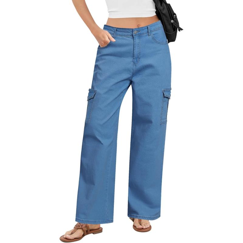 GRAPENT Cargo Jeans for Women Wide Leg Baggy High Waisted Jean Trousers Stretchy Denim Cargo Pants with Pockets Y2K