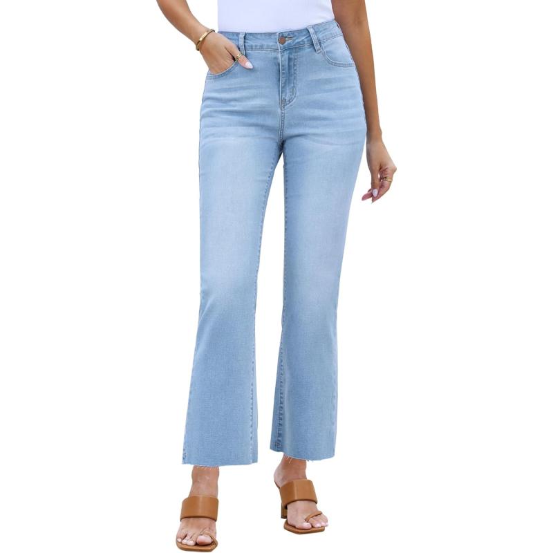 GRAPENT Flare Jeans for Women High Waisted Trendy Cropped Jeans Stretchy Denim Pants Raw Hem Ankle Trouser Jeans PocketsAiry Blue