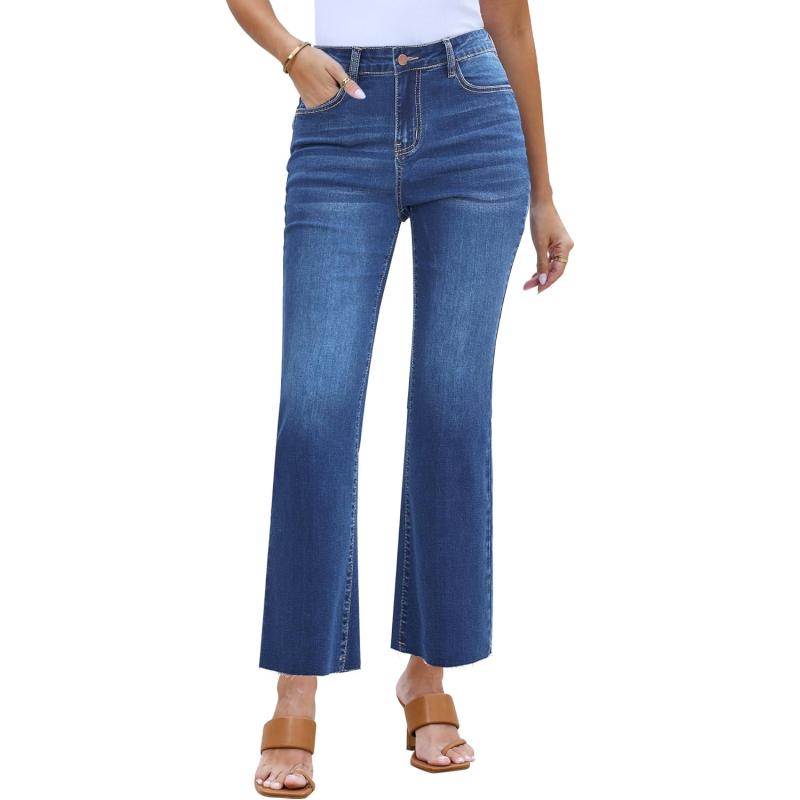 GRAPENT Flare Jeans for Women High Waisted Trendy Cropped Jeans Stretchy Denim Pants Raw Hem Ankle Trouser Jeans PocketsClassic Blue