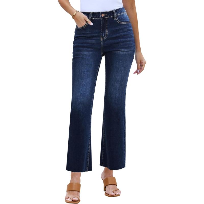 GRAPENT Flare Jeans for Women High Waisted Trendy Cropped Jeans Stretchy Denim Pants Raw Hem Ankle Trouser Jeans PocketsIndigo Skyblue