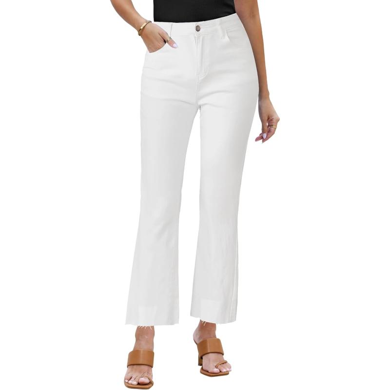 GRAPENT Flare Jeans for Women High Waisted Trendy Cropped Jeans Stretchy Denim Pants Raw Hem Ankle Trouser Jeans PocketsIvory White
