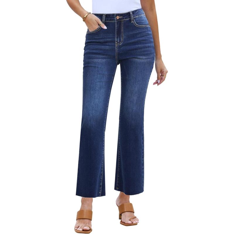GRAPENT Flare Jeans for Women High Waisted Trendy Cropped Jeans Stretchy Denim Pants Raw Hem Ankle Trouser Jeans PocketsNightfall Blue