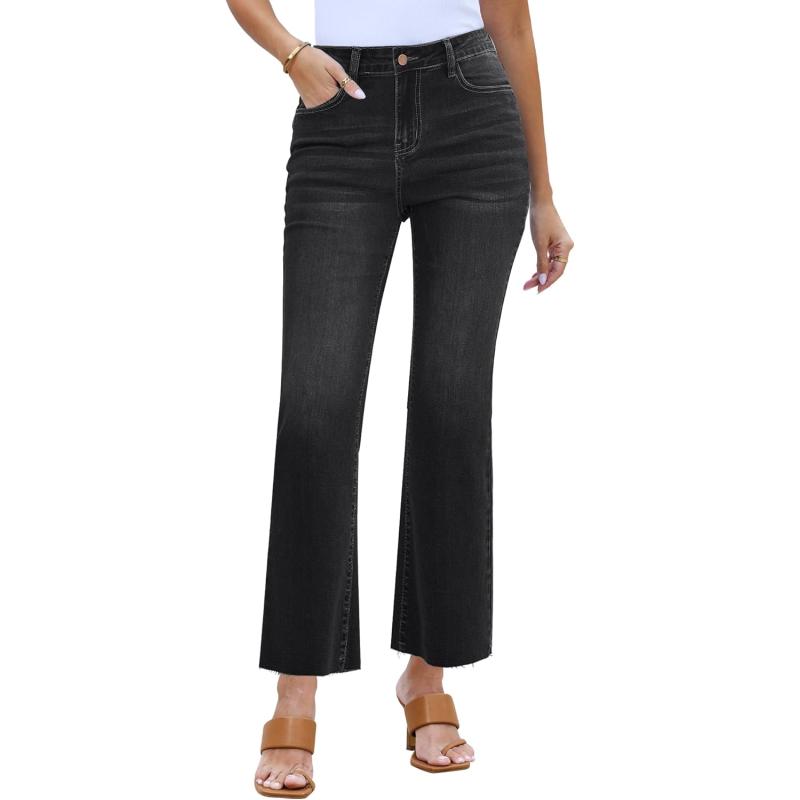GRAPENT Flare Jeans for Women High Waisted Trendy Cropped Jeans Stretchy Denim Pants Raw Hem Ankle Trouser Jeans PocketsWashed Black
