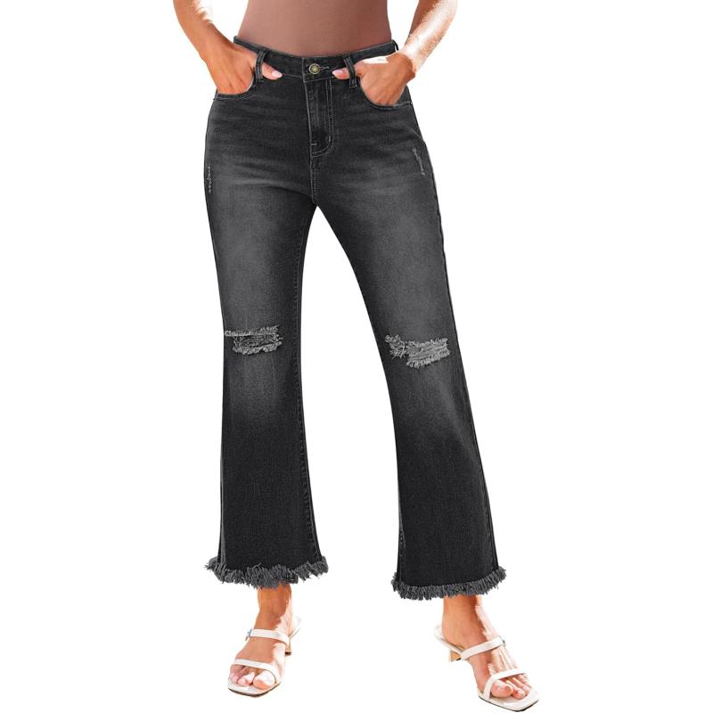GRAPENT Flare Jeans for Women Trendy High Waisted Cropped Ripped Jeans Wide Leg Stretchy Denim Ankle Pants Raw Hem JeansWashed Black