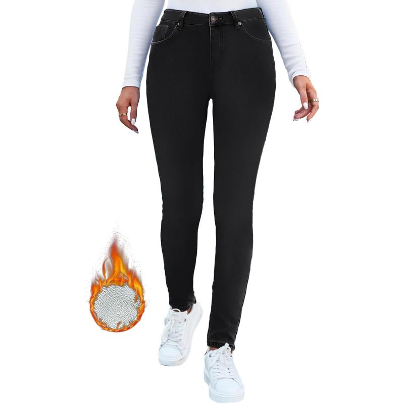 GRAPENT Fleece Lined Leggings Womens Skinny Jeans High Waisted Thermal Jeggings Winter Stretch Denim Pants WarmBlack