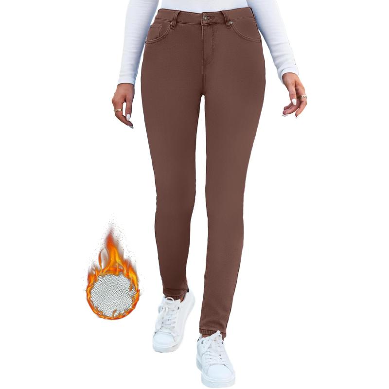 GRAPENT Fleece Lined Leggings Womens Skinny Jeans High Waisted Thermal Jeggings Winter Stretch Denim Pants WarmCappuccino
