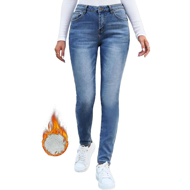 GRAPENT Fleece Lined Leggings Womens Skinny Jeans High Waisted Thermal Jeggings Winter Stretch Denim Pants WarmClassic Blue