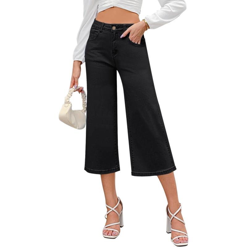 GRAPENT Jean Capris for Women Wide Leg Jeans High Waisted Crop Denim Capri Pants Stretchy BaggyBlack