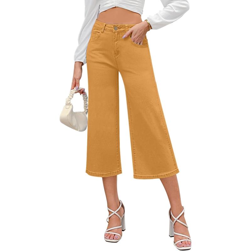 GRAPENT Jean Capris for Women Wide Leg Jeans High Waisted Crop Denim Capri Pants Stretchy BaggyCadmium Yellow