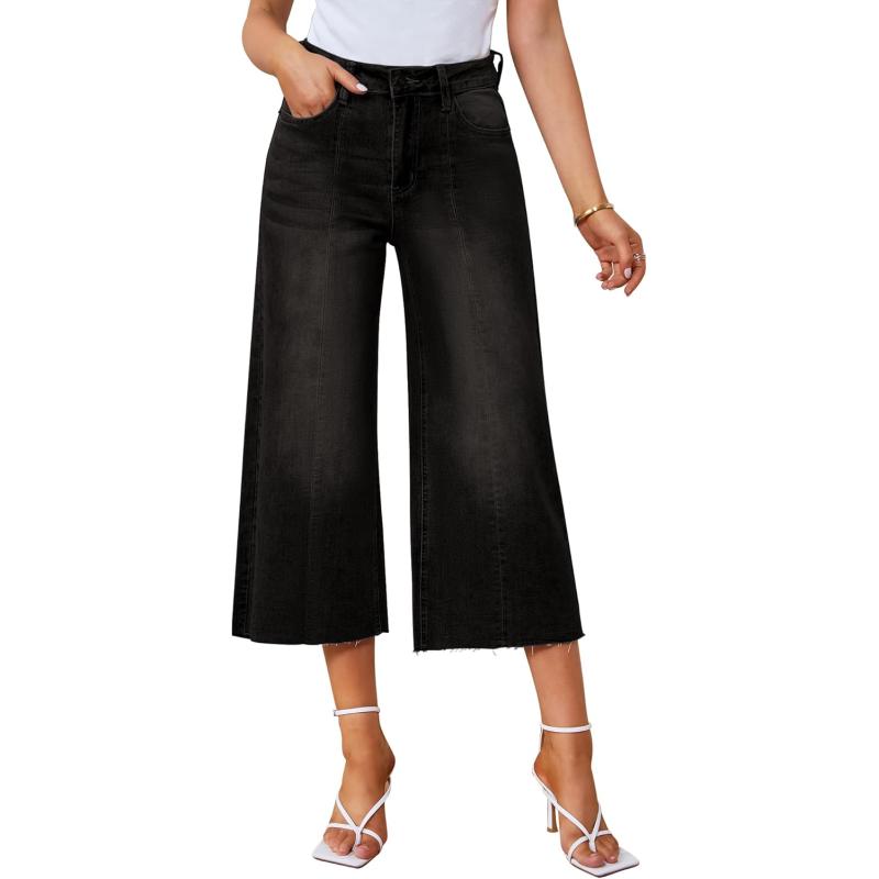 GRAPENT Jean Capris for Women Wide Leg Jeans High Waisted Seamed Front Raw Hem Denim Capri Pants StretchyBlack