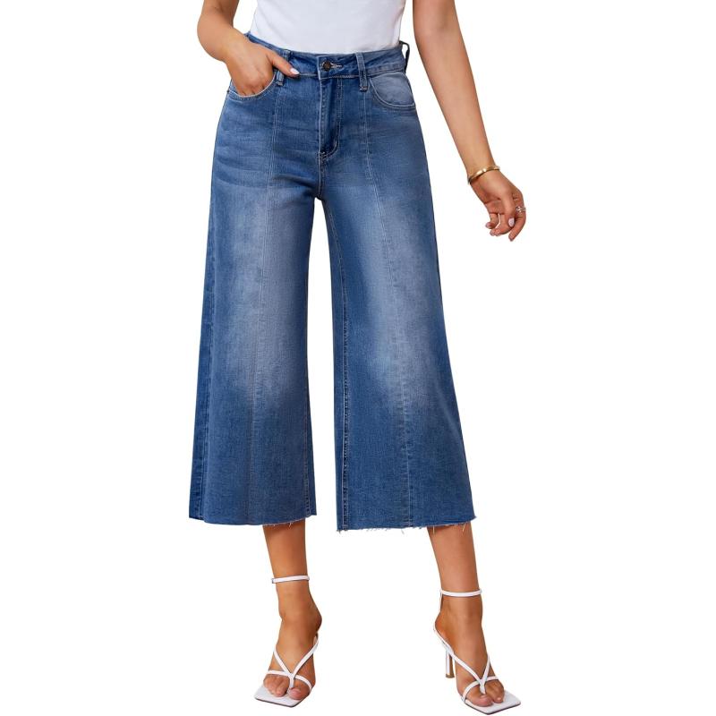 GRAPENT Jean Capris for Women Wide Leg Jeans High Waisted Seamed Front Raw Hem Denim Capri Pants StretchyClassic Blue