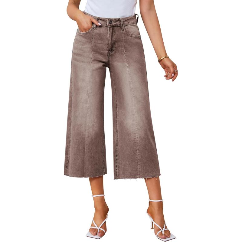 GRAPENT Jean Capris for Women Wide Leg Jeans High Waisted Seamed Front Raw Hem Denim Capri Pants StretchyPecan Brown