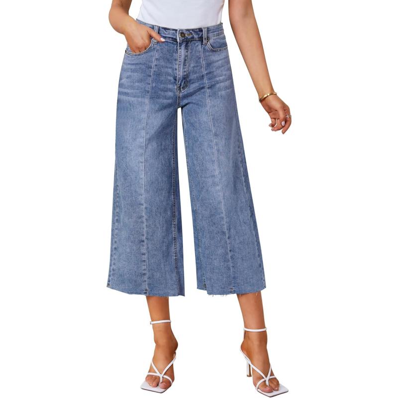 GRAPENT Jean Capris for Women Wide Leg Jeans High Waisted Seamed Front Raw Hem Denim Capri Pants StretchyReef Blue