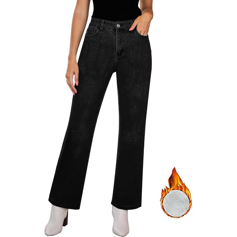 GRAPENT Jeans for Women Fleece Lined Pants High Waisted Stretchy Denim Straight Leg Baggy Jeans Sherpa Warm Winter ClothesSoft Black
