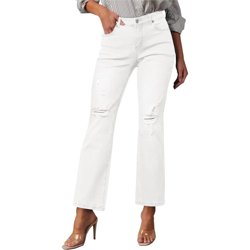 GRAPENT Jeans for Women High Waisted Distressed Straight Leg Ripped Jeans Stretchy Denim Pants Western Outfit 90sBrilliant White