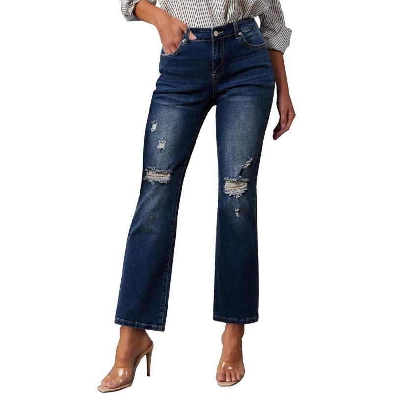 GRAPENT Jeans for Women High Waisted Distressed Straight Leg Ripped Jeans Stretchy Denim Pants Western Outfit 90sCobalt Night Blue