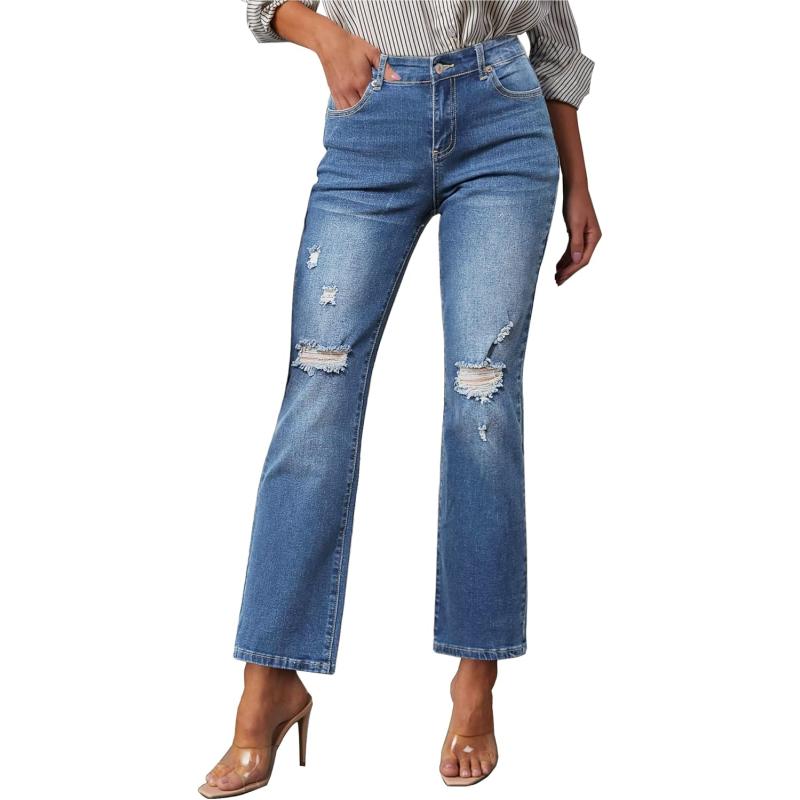 GRAPENT Jeans for Women High Waisted Distressed Straight Leg Ripped Jeans Stretchy Denim Pants Western Outfit 90sMedium Blue