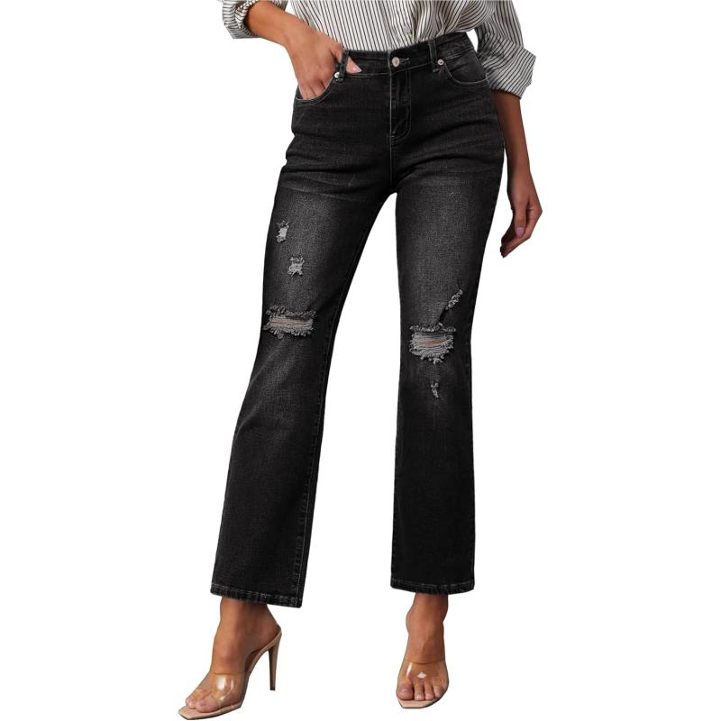 GRAPENT Jeans for Women High Waisted Distressed Straight Leg Ripped Jeans Stretchy Denim Pants Western Outfit 90sSoft Black
